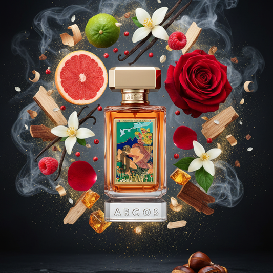 A bottle of Argos Adonis Awakens 100ml EDP is surrounded by grapefruit, rose, vanilla, sandalwood, amber, raspberries, spices, and flowers—all floating on a smoky backdrop to evoke a luxurious floral gourmand fragrance.