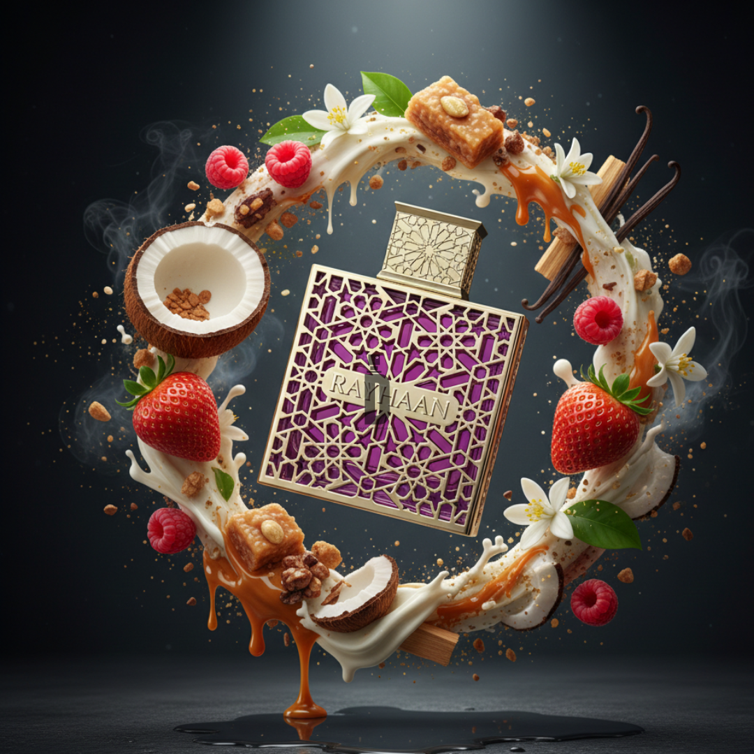 Rayhaan Kiss 100ml EDP features a sweet aroma in a gold and purple bottle, surrounded by milk, strawberries, coconut, raspberries, caramel, vanilla sticks, cinnamon, and white flowers for a luxurious dessert-inspired vibe.