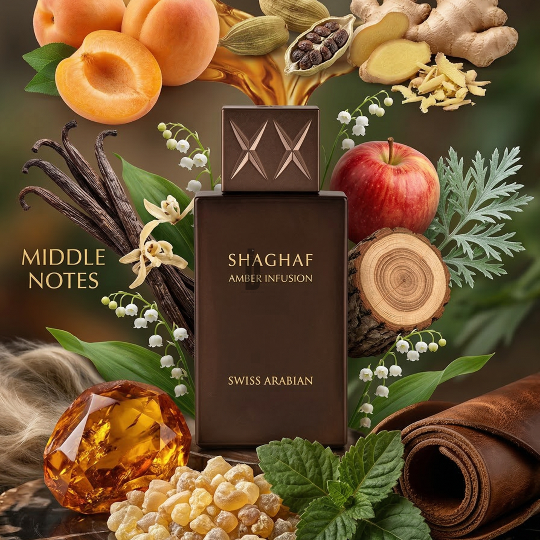 Shaghaf Amber Infusion 75ml EDP by Swiss Arabian surrounds you with notes of apricot, apple, vanilla bean, ginger, frankincense, cardamom, mint, leather and herbs—capturing its rich amber scent and enticing middle notes.