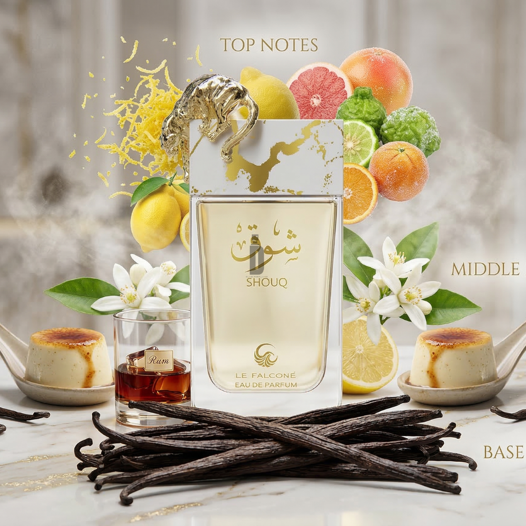 A bottle of Shouq 100ml EDP by Le Falconé stands amid citrus fruits, orange blossom, vanilla pods, white flowers, and desserts—highlighting this elegant and irresistible gourmand fragrance.