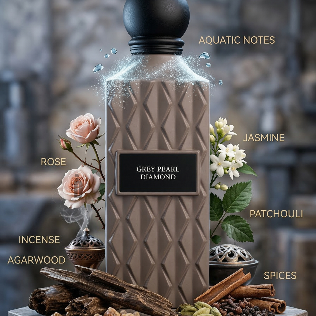 The Grey Pearl Diamond 150ml EDP by Ibrahim Al Qurashi rests amid roses, jasmine, and spices, featuring aquatic notes, patchouli, incense, agarwood, and a long-lasting scent that captivates the senses.