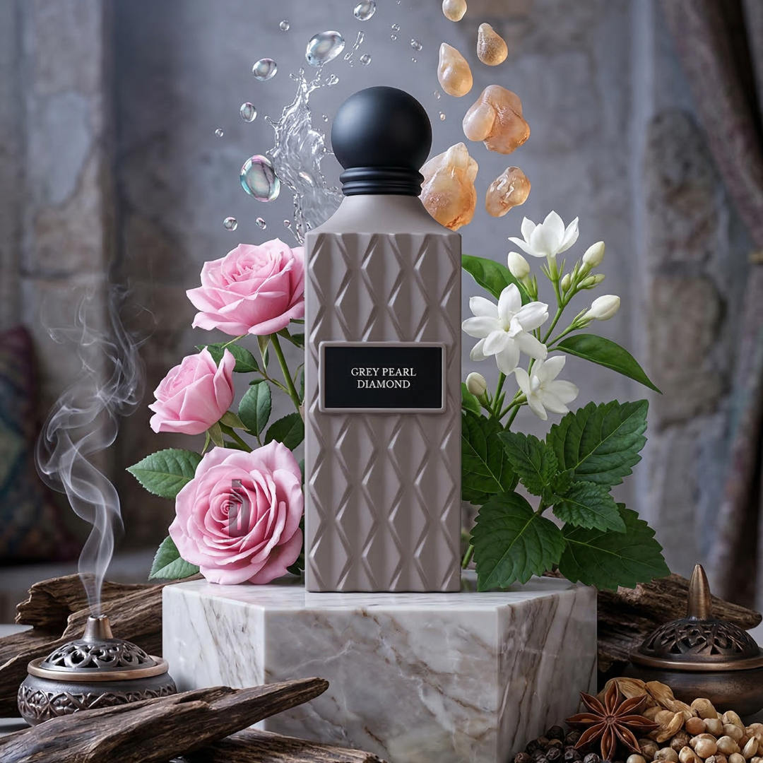 The Grey Pearl Diamond 150ml EDP by Ibrahim Al Qurashi is an elegant fragrance, displayed on marble with pink roses, white jasmine, green leaves, incense, and amber stones—offering a luxurious and long-lasting scent.