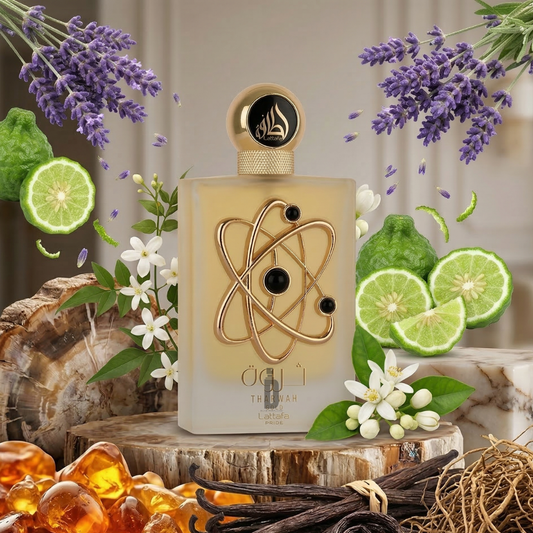 The Tharwah Gold 100ml EDP by Lattafa features an elegant gold atom bottle, surrounded by bergamot, lavender, vanilla pods, amber, white flowers, and greenery on wood—a refined fragrance in a luxurious setting.
