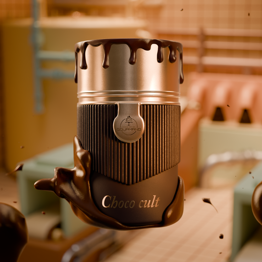 A metallic container of Paris Corner's Choco Cult 100ml EDP features melting chocolate against a warm, industrial background, capturing the decadent allure of an irresistible chocolate-inspired fragrance.