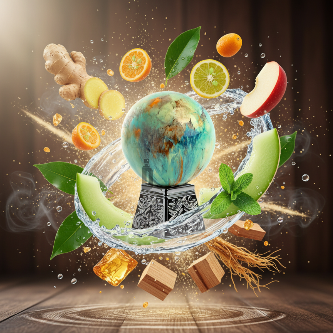 Aurora Scents' Atmosphere 100ml EDP is displayed in a crystal globe bottle, accented by splashing water, fresh fruit slices, mint, ginger notes, ice cubes, herbs, and wood on a dark background with dramatic lighting.