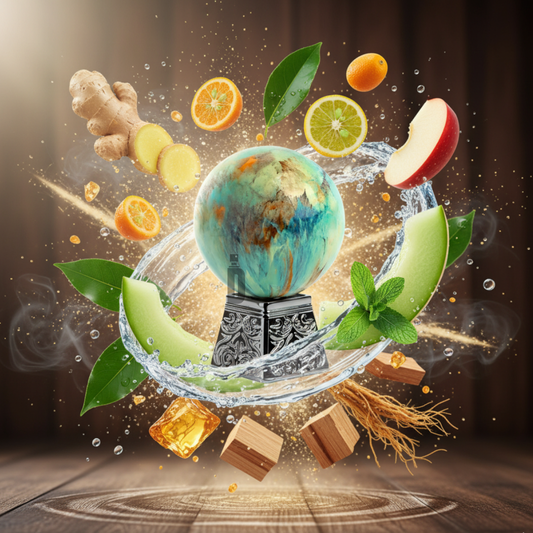 Aurora Scents' Atmosphere 100ml EDP is displayed in a crystal globe bottle, accented by splashing water, fresh fruit slices, mint, ginger notes, ice cubes, herbs, and wood on a dark background with dramatic lighting.