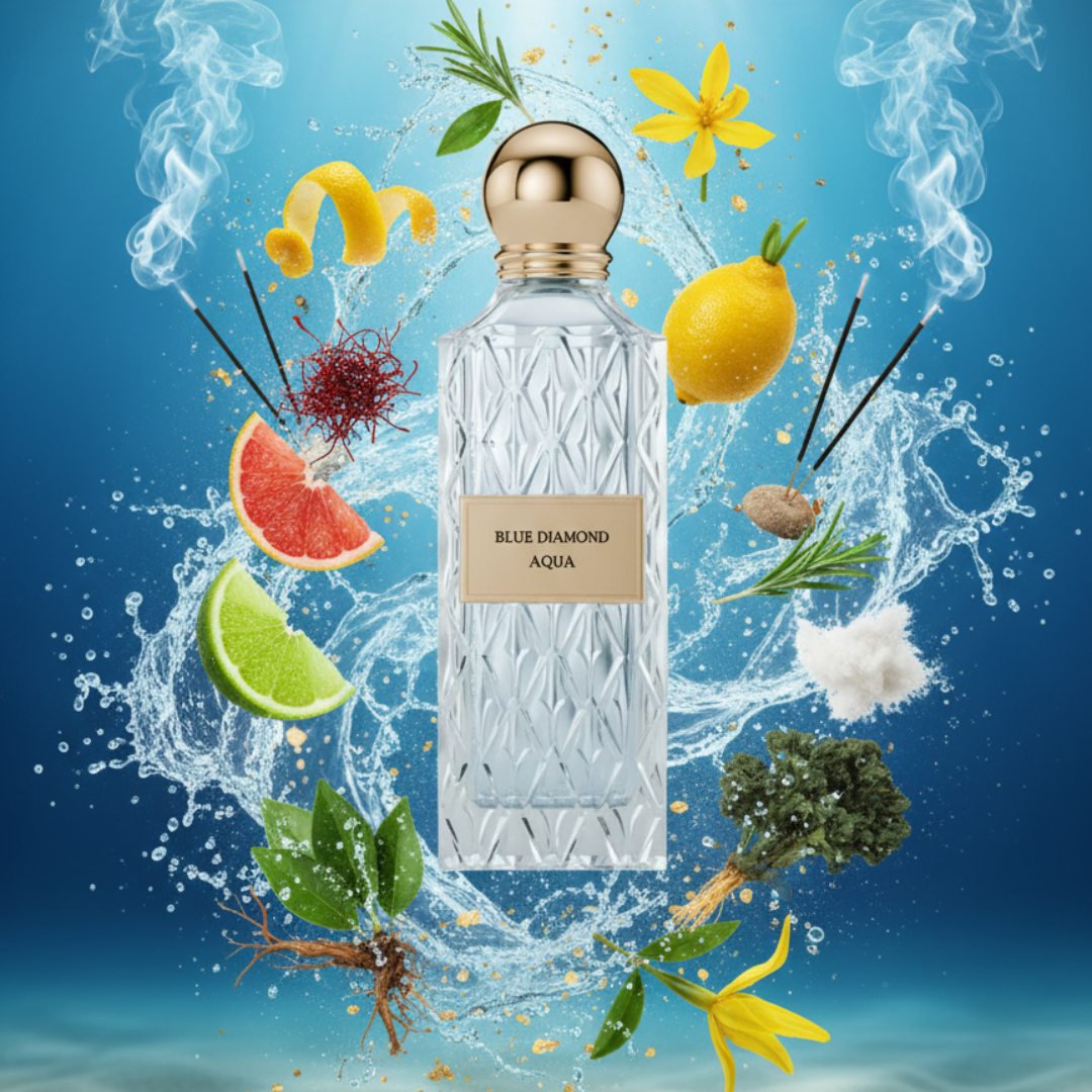 A clear, patterned bottle of "Blue Diamond Aqua 200ml EDP" by Ibrahim Al Qurashi stands amid swirling water, citrus, herbs, and flowers, evoking vibrant aquatic freshness against a blue background.