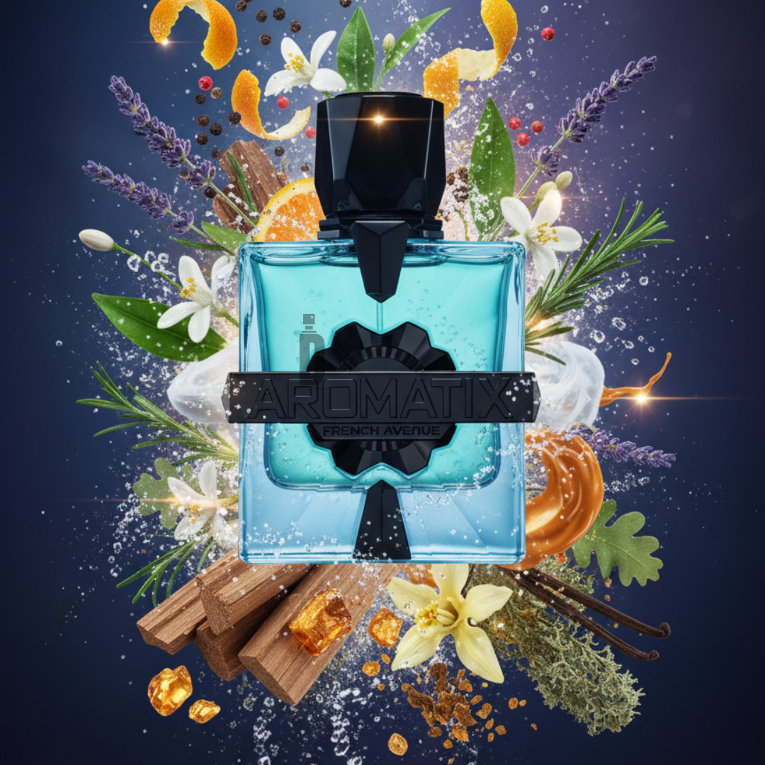 The sleek blue Magnetiq French Avenue X Aromatix 100ml Extrait by Fragrance World sits among herbs, citrus, flowers, vanilla beans, and spices, with vibrant splashes highlighting its modern style and long-lasting fragrance.