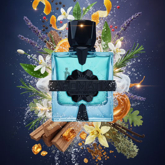 The sleek blue Magnetiq French Avenue X Aromatix 100ml Extrait by Fragrance World sits among herbs, citrus, flowers, vanilla beans, and spices, with vibrant splashes highlighting its modern style and long-lasting fragrance.