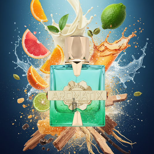 A turquoise bottle of Fragrance World Sun Kissed Aromatix X French Avenue 100ml Extrait is surrounded by milk splashes, citrus, lime, wood, water bursts, and peppercorns—evoking a fresh and long-lasting sunkissed scent.