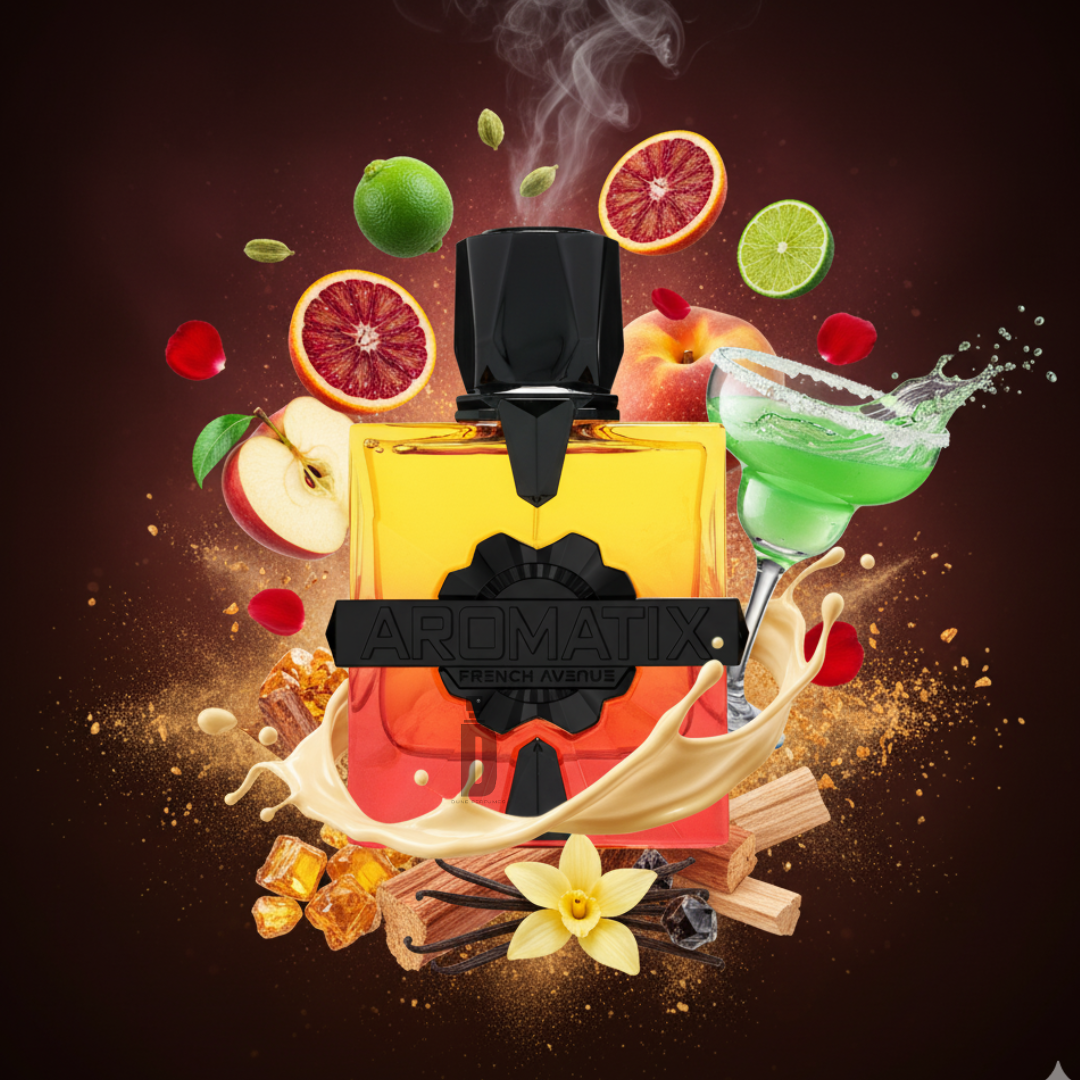 The Forbidden Fruit Aromatix X French Avenue 100ml Extrait by Fragrance World sits amid liquid splashes, apple slices, citrus, vanilla, spices, and a green cocktail, evoking its fruity scent with hints of vanilla sandalwood on a dark background.