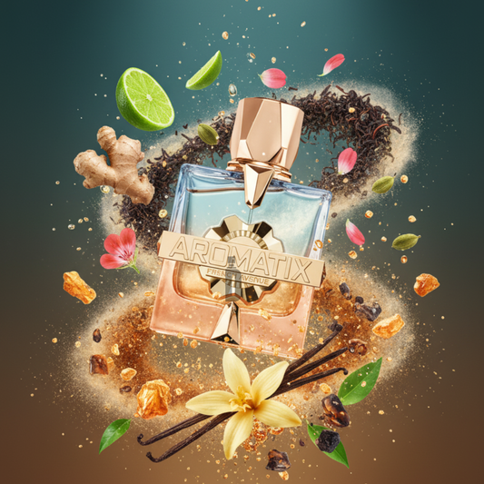 The "Teas Me Aromatix X French Avenue 100ml Extrait" by Fragrance World is showcased with floating notes of ginger, lime, vanilla, cardamom, petals, and spices against a striking gradient backdrop, evoking a spicy aromatic allure.