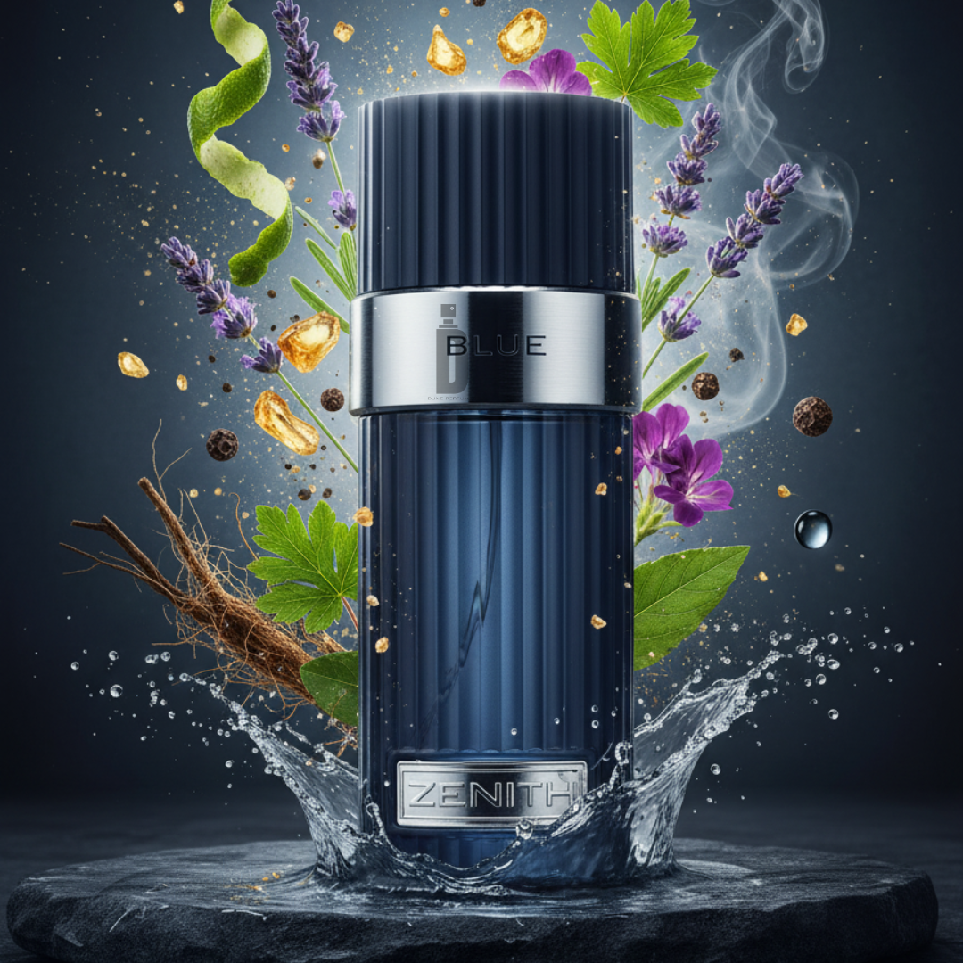 The dark blue bottle of Fragrance World Zenith Blue 100ml EDP by French Avenue sits amid water and botanicals, reflecting its fresh, vibrant scent—a long-lasting eau de parfum crafted for the modern man.