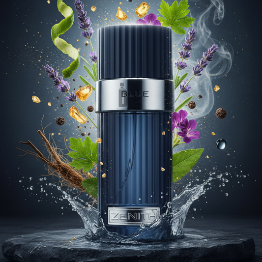 The dark blue bottle of Fragrance World Zenith Blue 100ml EDP by French Avenue sits amid water and botanicals, reflecting its fresh, vibrant scent—a long-lasting eau de parfum crafted for the modern man.