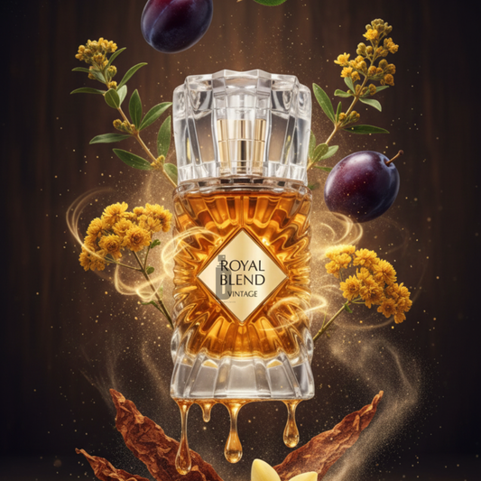 The Royal Blend Vintage 100ml EDP by Fragrance World features a crystal bottle surrounded by yellow flowers, dark plums, vanilla beans, and honey, set against a rich background that reflects its luxurious scent.