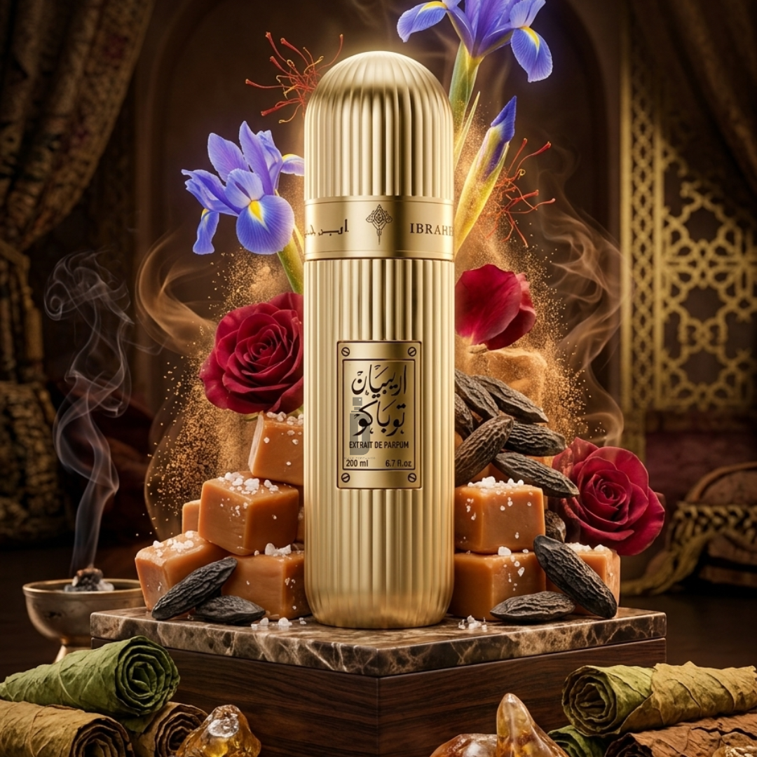 Arabian Tobacco 100ml EDP by Ibrahim Al Qurashi rests on marble, surrounded by red roses, purple irises, caramel, vanilla pods, and fragrant smoke—an opulent gourmand fragrance in a lavishly adorned setting.