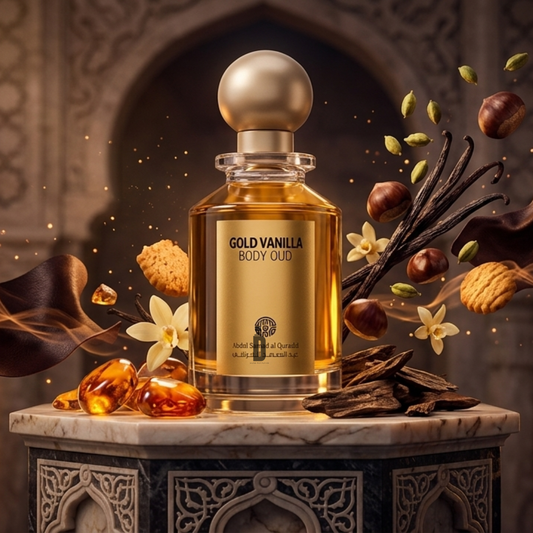 A 100ml bottle of Abdul Samad Al Qurashi’s Gold Vanilla Body Oud EDP rests on a marble pedestal, surrounded by vanilla pods, nuts, amber pieces, and spices, set against an ornate arched backdrop.