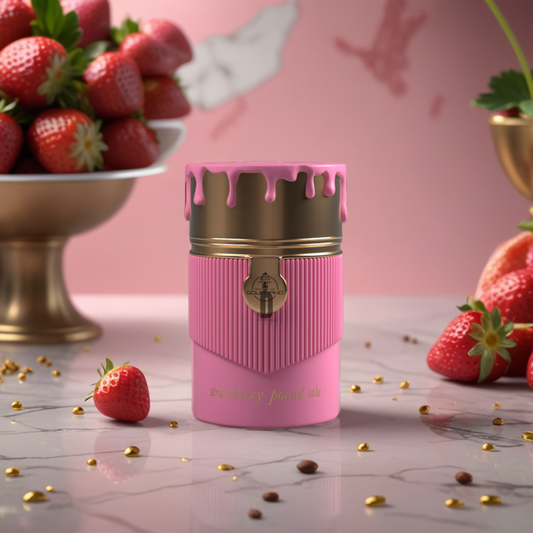 A pink, gold-accented bottle of Paris Corner’s Strawberry Pound Cake 100ml EDP sits on marble with fresh strawberries, perfectly showcasing the sweet essence of this fragrance.