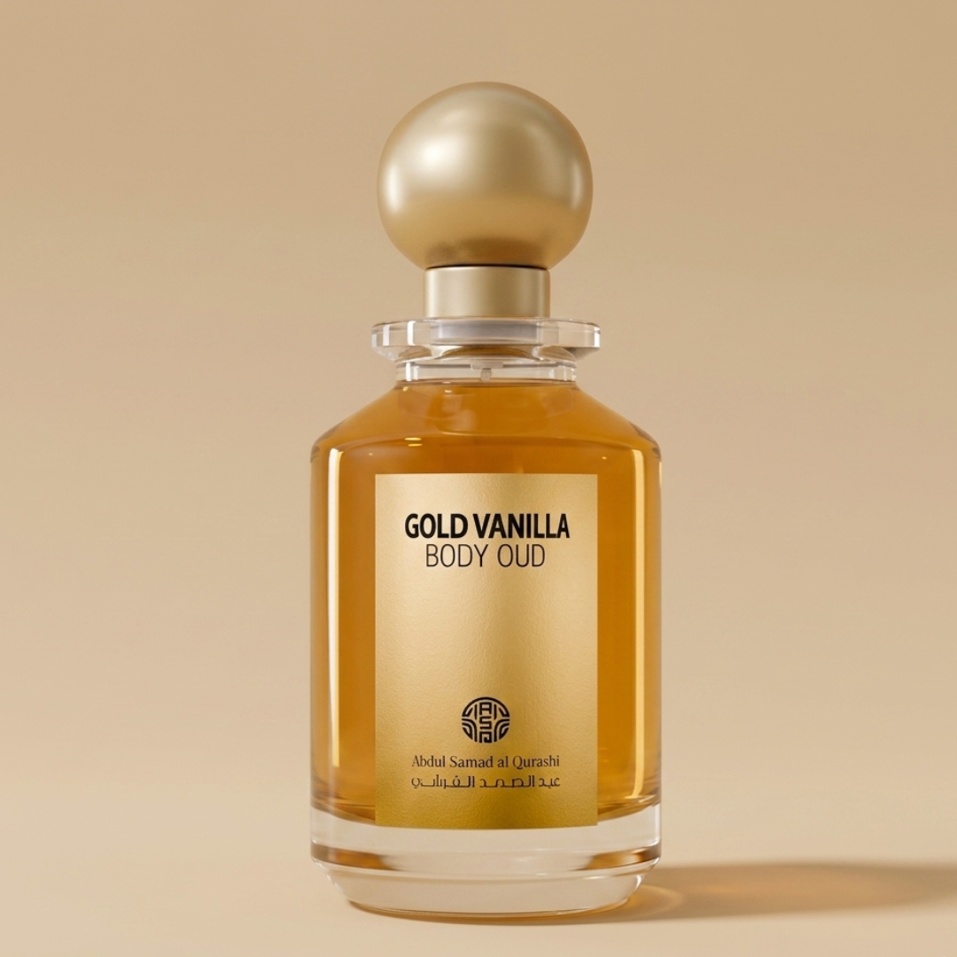 A 100ml glass bottle of Gold Vanilla Body Oud EDP by Abdul Samad Al Qurashi, with a gold cap and label featuring Arabic text, is set against a beige background.