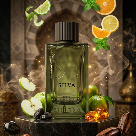 Silva 100ml EDP by Aurora Scents stands on a dark pedestal, surrounded by floating green apple, orange, lime slices and citrus leaves—evoking its long-lasting citrus fragrance. Ornate arches and golden decor finish the luxurious scene.