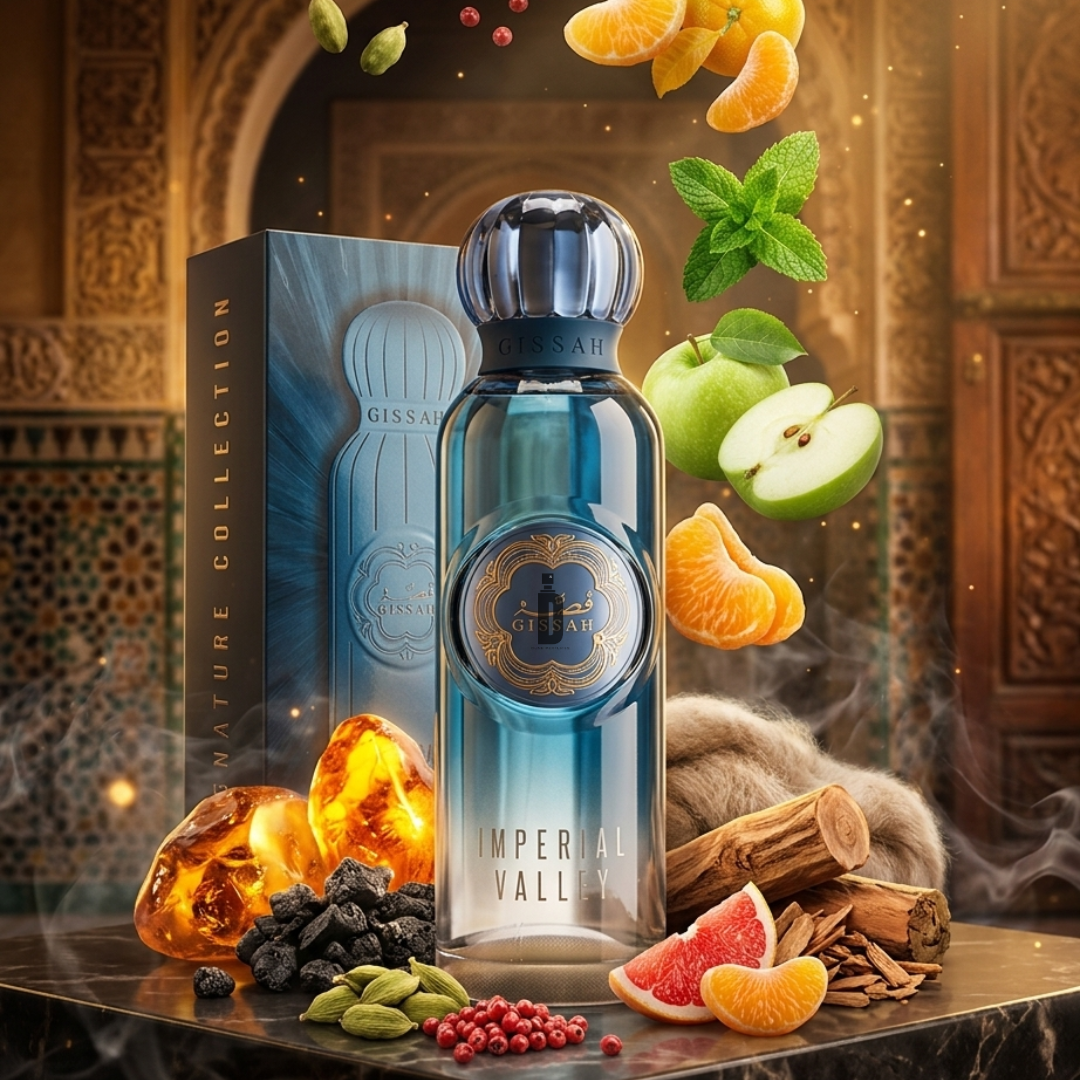 The Gissah Imperial Valley 200ml EDP perfume stands elegantly beside its box, surrounded by floating fruits, spices, mint leaves, amber, and wood—embodying the essence of an Amber Woody luxury fragrance.