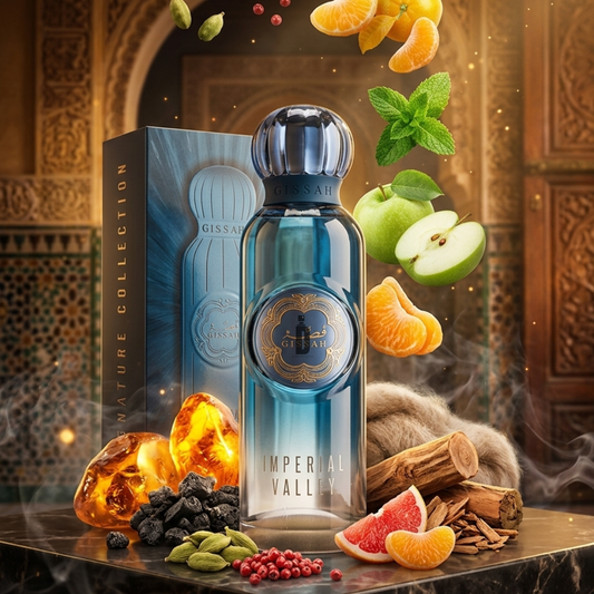 The Gissah Imperial Valley 200ml EDP perfume stands elegantly beside its box, surrounded by floating fruits, spices, mint leaves, amber, and wood—embodying the essence of an Amber Woody luxury fragrance.