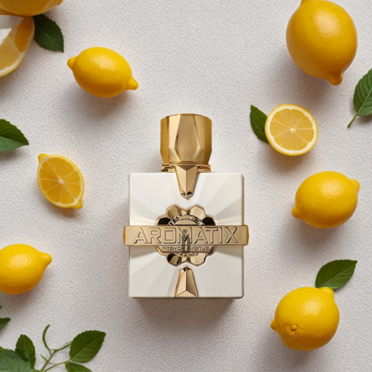 A white and gold Platine Blanc 100ml EDP bottle from Fragrance World’s French Avenue X Aromatix is displayed among lemons and green leaves, emphasizing its fresh Eau de Parfum appeal on a light textured surface.