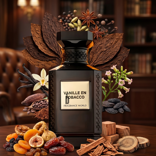 A 150ml Vanille En Tobacco Eau de Parfum by Fragrance World sits on a wooden table, surrounded by vanilla flowers, dried fruits, cocoa beans, tobacco leaves, and wood in a cozy library.
