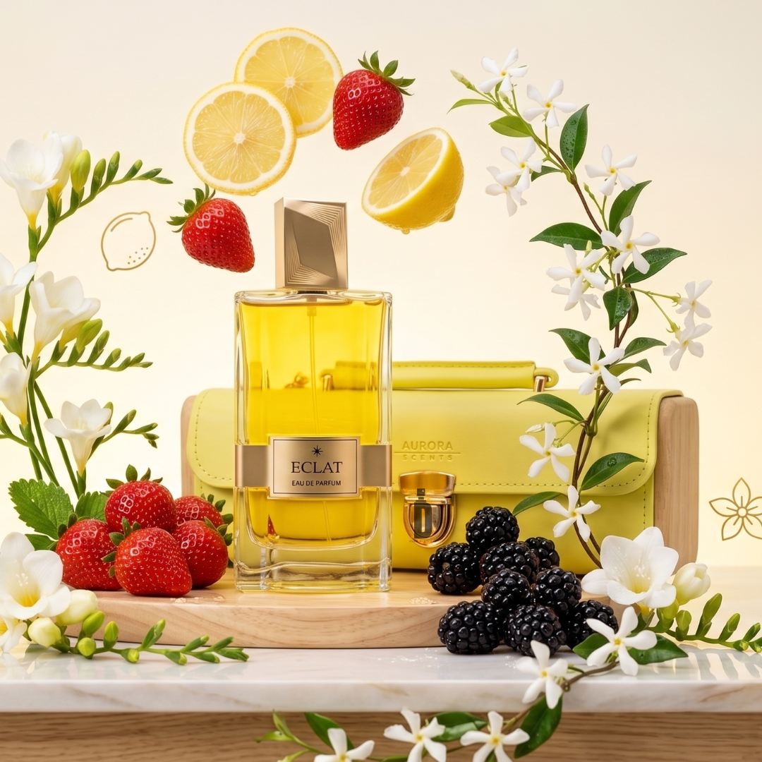 Eclat 100ml EDP by Aurora Scents, with its fruity floral aroma, sits on a wooden tray alongside fresh berries, lemon slices, a yellow purse, and flowers—creating a fresh, vibrant Aurora Scents display.