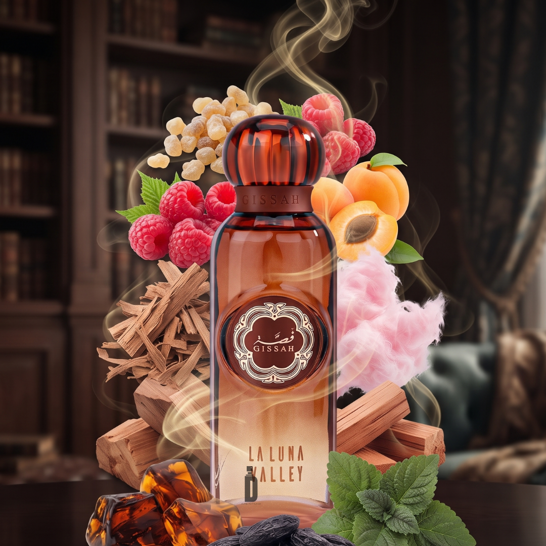 A bottle of La Luna 200ml EDP by Gissah rests amid luscious fruits, airy cotton candy, fresh mint leaves, warm amber resin, and delicate flowers—its allure intensified by the captivating scent of La Luna. All this is set against the backdrop of a smoky, luxurious library.