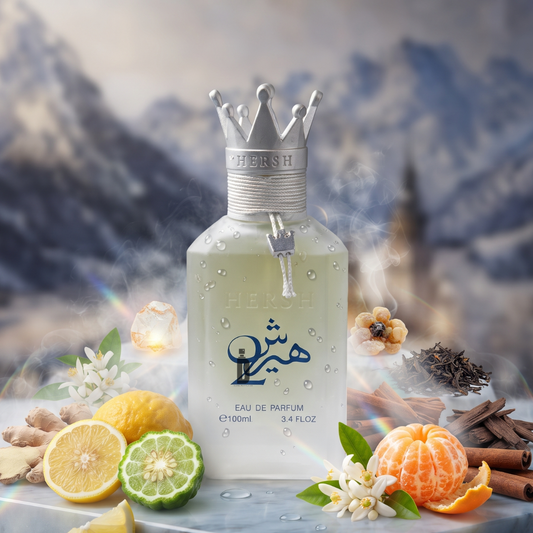 A bottle of Hersh 2 100ml EDP by Alezz Oud, adorned with a silver crown cap, stands among citrus fruits, spices, and flowers against a blurred mountainous backdrop. The label features both Arabic and English scripts, hinting at a vibrant fragrance with woody undertones and exceptional long-lasting power.
