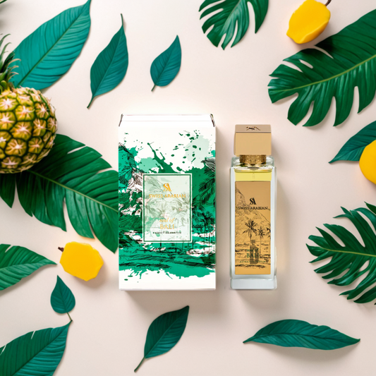 A bottle and box of Swiss Arabian Soul Of Bali 100ml EDP, featuring lush green foliage and gold accents, are displayed on a light surface with green leaves, a pineapple, and yellow fruits for a tropical vibe.