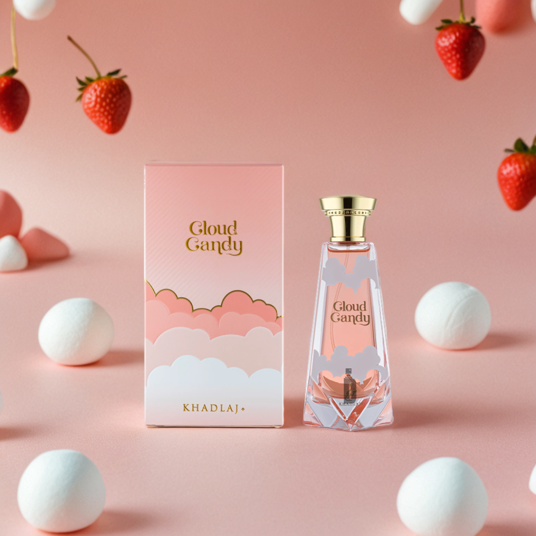 The Cloud Candy 100ml EDP by Khadlaj sits with its box on a pink surface, surrounded by floating strawberries and marshmallows, capturing the playful, sweet essence of this gourmand fragrance.