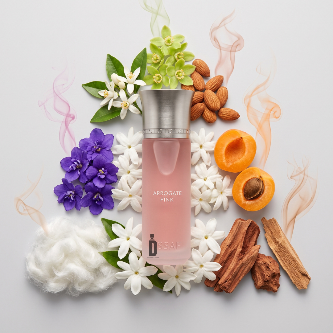 The Arrogate Pink 200ml EDP by Assaf, in a pink bottle, is artfully surrounded by jasmine, violets, green blossoms, almonds, apricots, cotton, and wood—with colored wisps of smoke swirling around on a light background—perfectly embodying the floral fruity character of this fragrance.