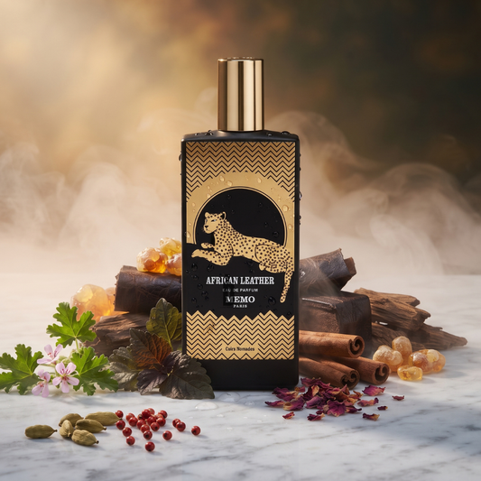 A 75ml bottle of African Leather Eau de Parfum by Memo Paris stands on marble, encircled by fresh herbs, cinnamon sticks, amber resin, pink peppercorns, and delicate flowers, with tendrils of smoke swirling in the background—an exotic scent from Memo Paris that conjures the spirit of adventure and untamed landscapes.