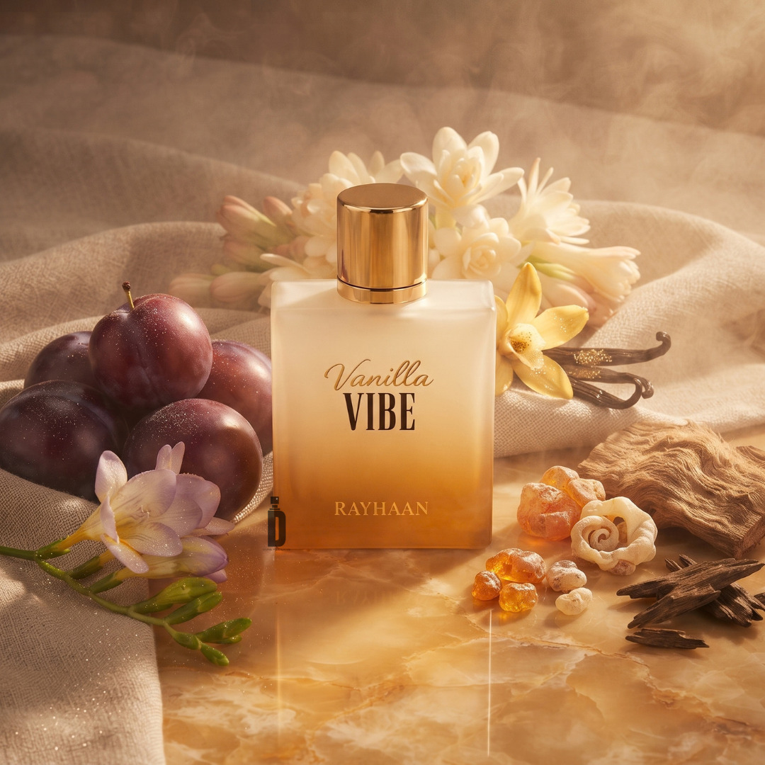 A frosted glass Vanilla Vibe 100ml EDP - Rayhaan perfume bottle is surrounded by plums, white flowers, vanilla pods, and resin chunks on a warm-toned surface.