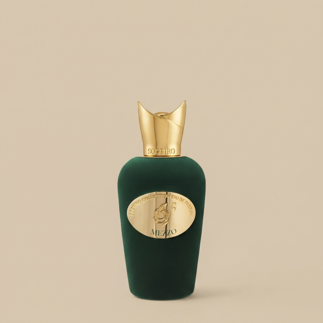 A dark green Mezzo 100ml EDP - Sospiro perfume bottle with a gold-colored cap and an oval gold label featuring an emblem and the text “MEZZO.”.