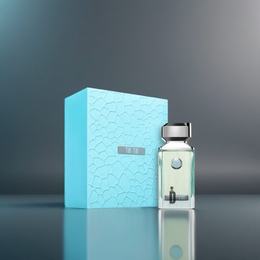 The Tiff Tiff 100ml EDP by Ahmed Al Maghribi features a clear glass bottle with a silver cap beside a textured light blue box, both set against a soft gradient gray background, highlighting the allure of this gourmand perfume.