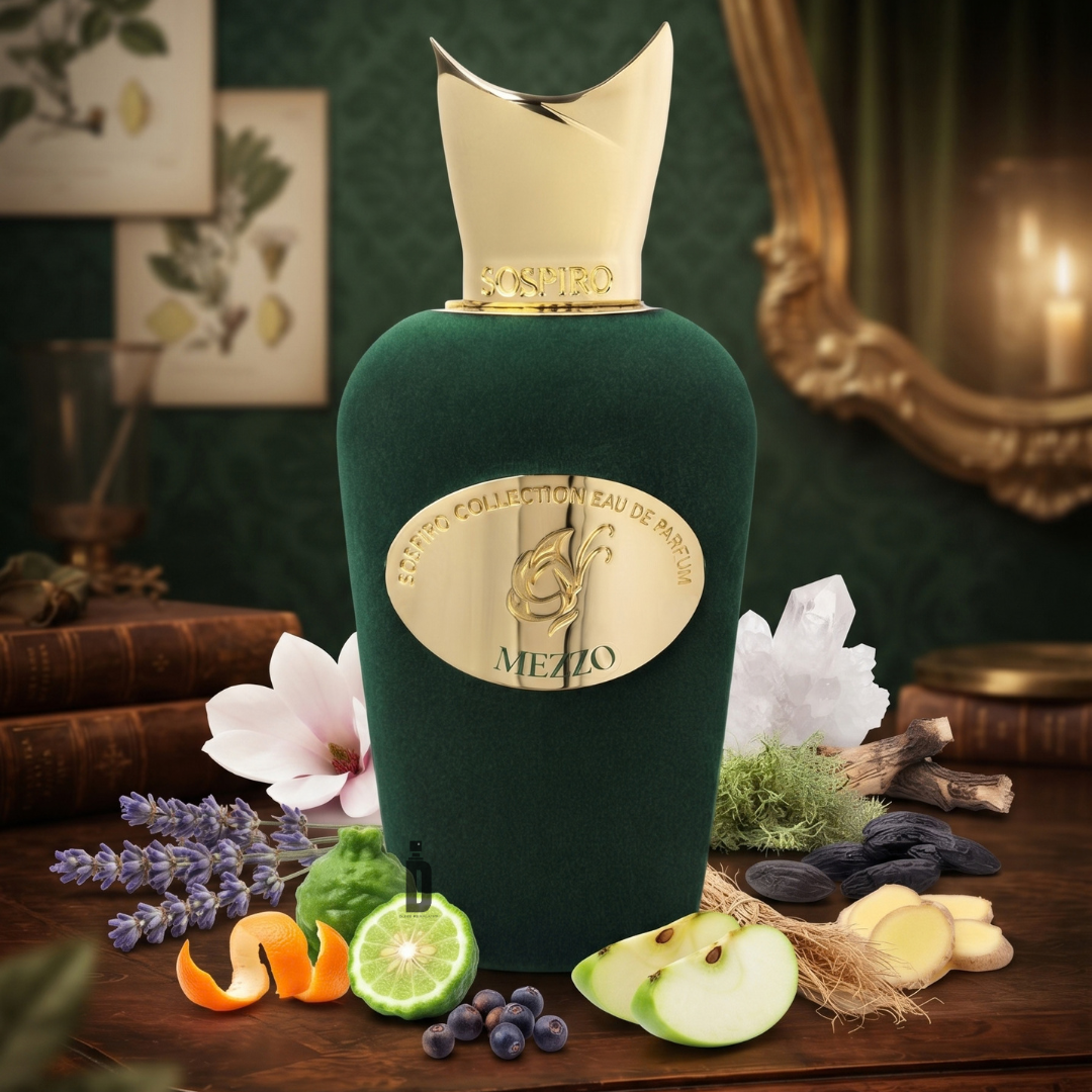 A green Mezzo 100ml EDP - Sospiro perfume bottle with a gold cap and label rests on a wooden table, surrounded by lavender, a lime, orange peel, apple slices, ginger, and berries to evoke a fresh aromatic fragrance.