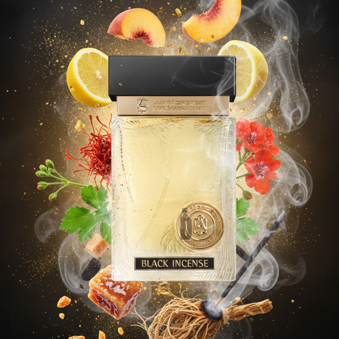 Black Incense 80ml EDP by Abdul Samad Al Qurashi features fruity-smoky notes with floating lemon slices, peach, red flowers, green herbs, smoke, amber resin, and incense sticks for a luxurious aromatic essence.
