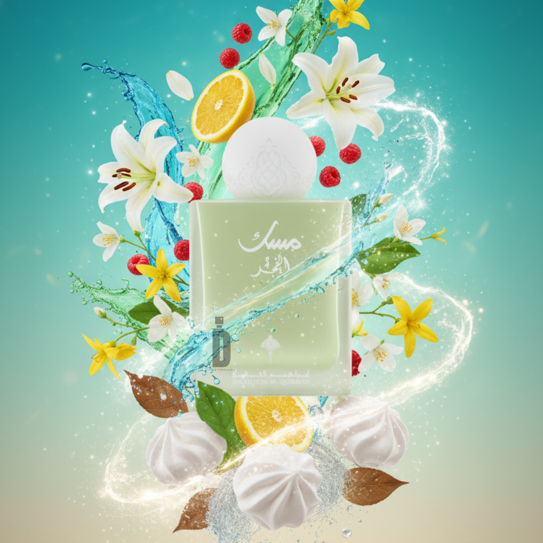 The Musk Al Fajr 75ml EDP by Ibrahim Al Qurashi is displayed with Arabic text, white meringues, oranges, raspberries, lilies, yellow flowers, and green leaves, reflecting its fresh radiant fragrance on a turquoise water-splashed background.