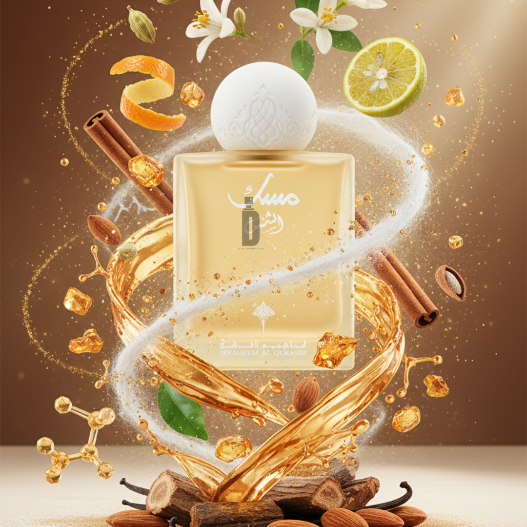 The 75ml Musk Al Shams EDP by Ibrahim Al Qurashi is displayed with swirling amber liquid, cinnamon sticks, almonds, honey, citrus slices, orange peel, and white blossoms on a warm brown background. Arabic text highlights this woody fragrance.