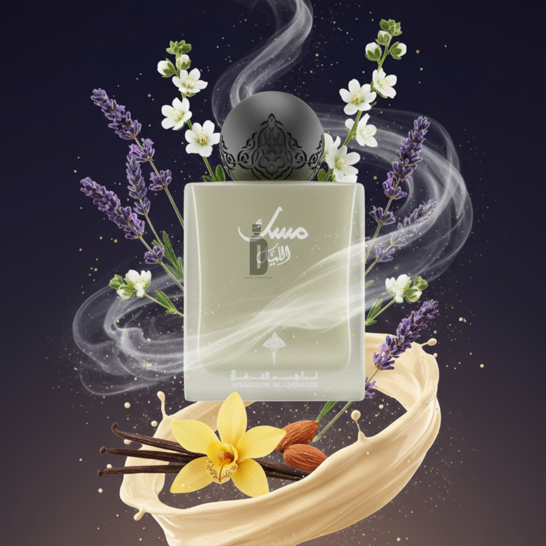 The Musk Al Layl 75ml EDP by Ibrahim Al Qurashi features a bottle with Arabic text, surrounded by lavender, white flowers, vanilla pods, and almonds amidst swirling mist—creating an elegant musky fragrance ideal for evening wear.