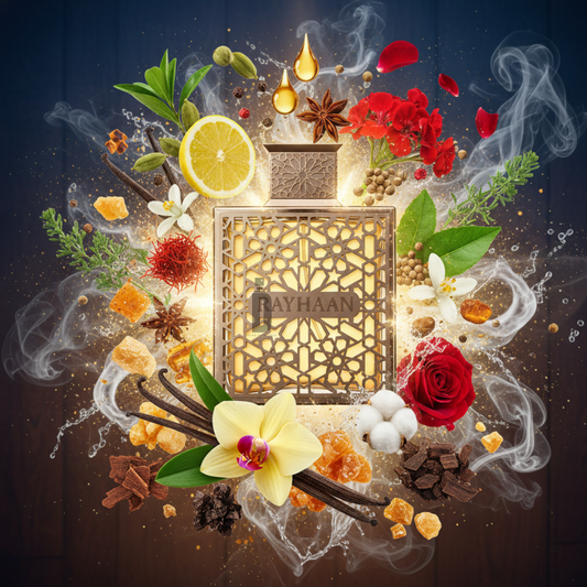 The Rayhaan Terra 100ml EDP perfume stands among lemon, rose, spices, vanilla, smoke, and herbs on dark wood, alluding to a rich statement scent with earthy notes and lasting fragrance from the Rayhaan brand.