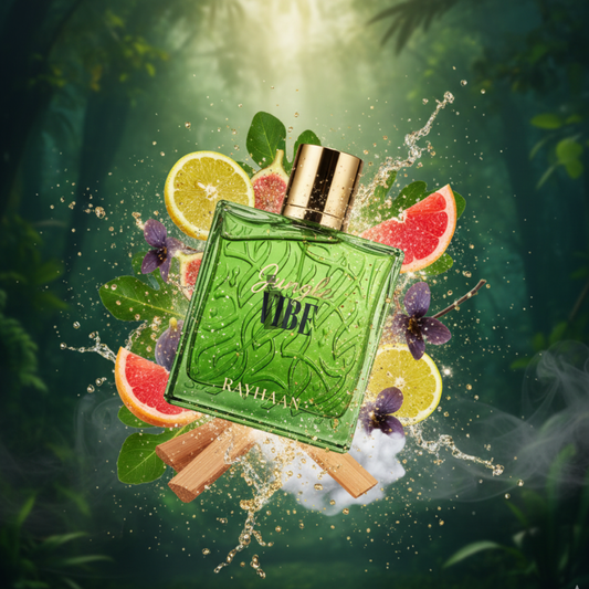 A green "Jungle Vibe 100ml EDP" perfume bottle by Rayhaan, surrounded by citrus, flowers, sandalwood musk, and leaves, evokes a fresh green fragrance against a glowing misty forest backdrop.