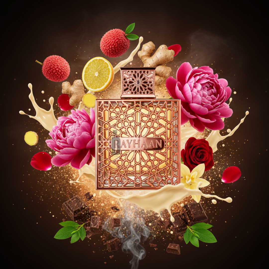 The Divine 100ml EDP by Rayhaan is displayed amidst flowers, lychees, lemon slices, ginger, chocolate pieces, and creamy liquid—evoking its bright, sensual fruity-floral and gourmand notes against a dark background.