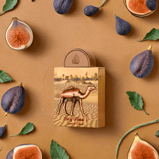 The Art Of Nature I 100ml EDP by Lattafa is showcased with packaging featuring a camel and desert scene, surrounded by figs and green leaves on a brown background, reflecting its artistic and alluring fragrance.