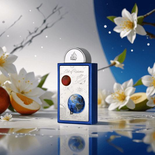 The Lattafa Art Of Universe 100ml EDP perfume features a space-themed bottle, surrounded by white flowers, mandarin oranges, and plums against a starry night gradient, evoking a fresh and celestial fragrance ambiance.