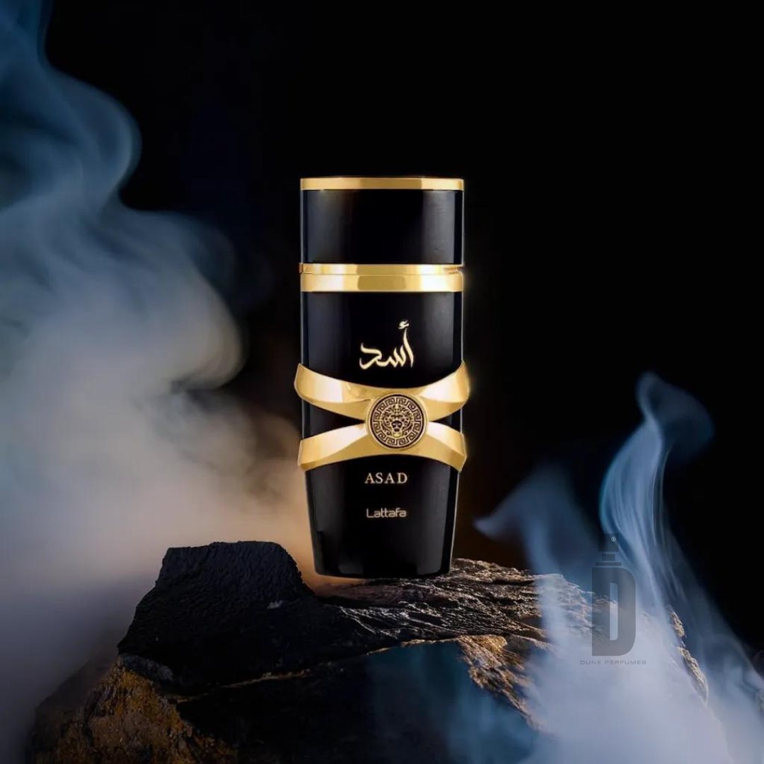 A sleek black perfume bottle with gold accents, labeled with Arabic text and the name "Asad 100ml EDP - Lattafa." The bottle is placed on a smoky, dark rocky surface, creating a dramatic and luxurious atmosphere. Smoke swirls around the bottle, enhancing its elegant presentation of the sophisticated Lattafa fragrance.