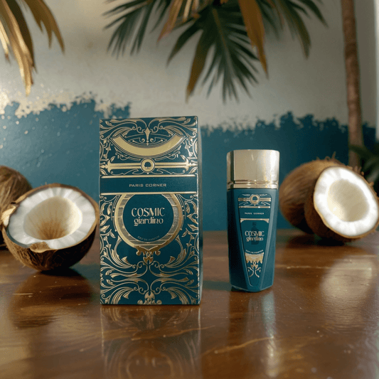 The Paris Corner Cosmic Giardino 100ml EDP bottle and box, featuring teal packaging with gold accents, rest on a wooden table surrounded by halved coconuts and green palm leaves in the background.